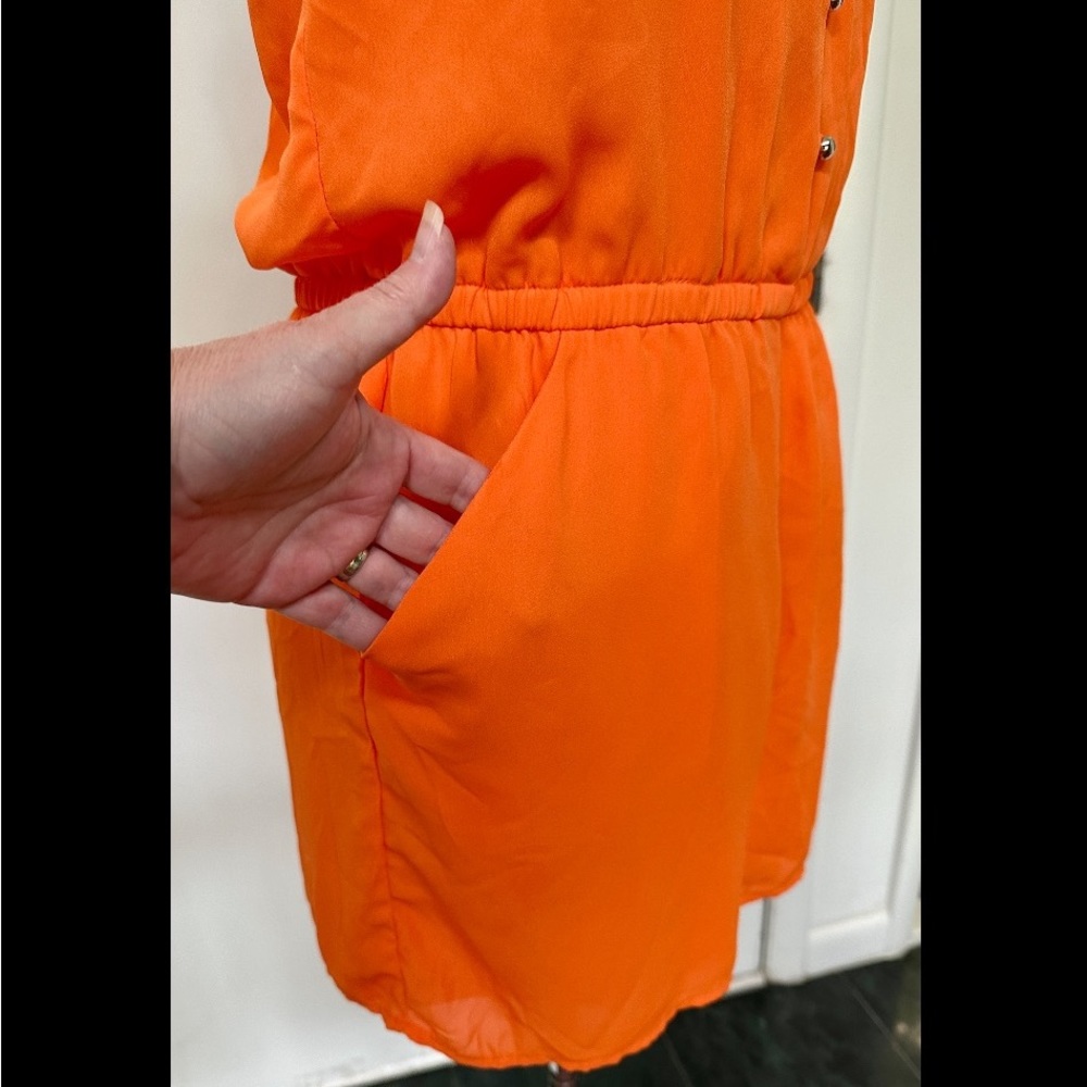 SEXY XOXO ORANGE SILKY CHIFFON SHORTS ROMPER HALTER SPAGHETTI STRAPS BEADED L - Picture 5 of 9